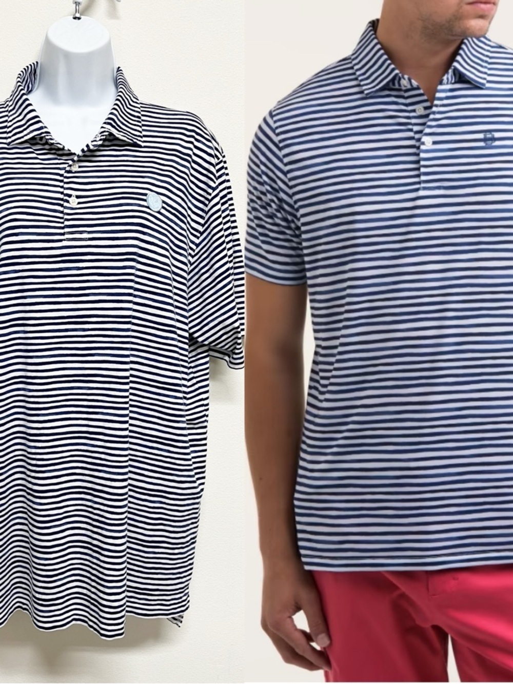 B Draddy Mens Navy White Striped Short Sleeve Polo Shirt Size L - Picture 8 of 11